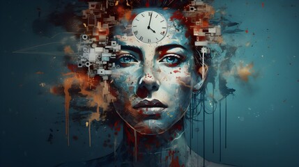Creative woman with new ideas, alarm clock showing the human time importance, AI art, AI face clock...