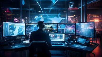 Cybersecurity Expert Working in a Futuristic High-Tech Office, Futuristic scene of High-Tech Cybersecurity Office
