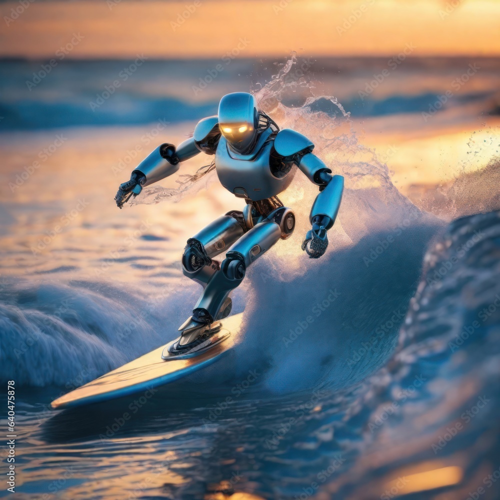 Poster intelligent ai robot surfing on a surfboard,concept ai robot mimics human activity.generative ai