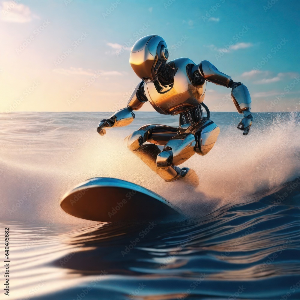 Poster intelligent ai robot surfing on a surfboard,concept ai robot mimics human activity.generative ai