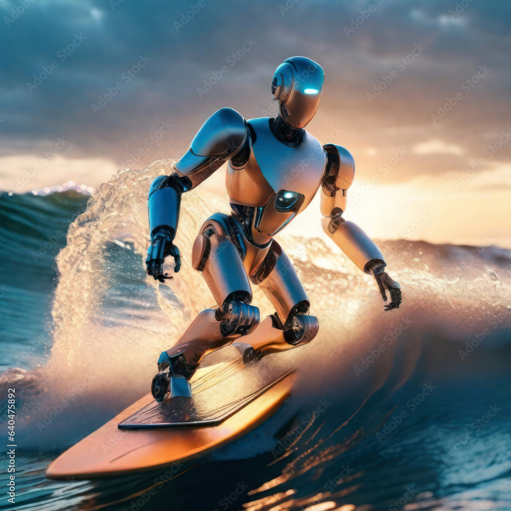 Poster intelligent ai robot surfing on a surfboard,concept ai robot mimics human activity.generative ai