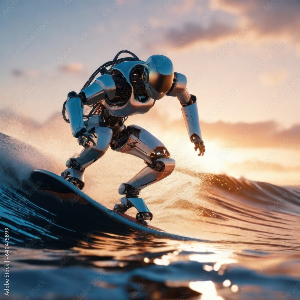 Poster intelligent ai robot surfing on a surfboard,concept ai robot mimics human activity.generative ai