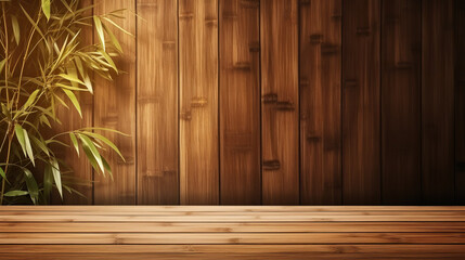 Soft and beautiful foliage dappled sunlight of tropical bamboo tree leaf shadow on brown wooden panel wall with wood grain for luxury product display, interior design decoration background