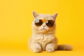 Close portrait of british furry cat in fashion sunglasses. Funny pet on bright yellow background. Kitten in eyeglass. Fashion, style, cool animal concept with copy space 
