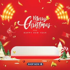 3D Style Christmas and happy new year podium background. Realistic gift box, bell, glden star and christmas tree.