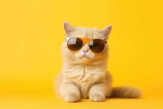 Close portrait of british furry cat in fashion sunglasses. Funny pet on bright yellow background. Kitten in eyeglass. Fashion style, cool animal concept with copy space	