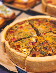 Pastry and bakery, selection assortment variety of different pastries, pie on a plate, baked desserts, catering or cafe banquet bakery table, set of coffee break during conference meeting