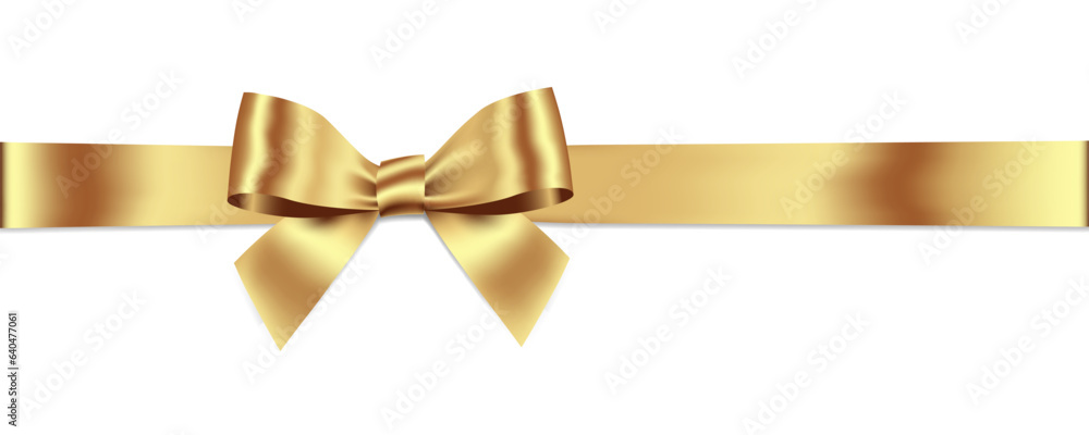 Poster gold bow and ribbon horizontal realistic shiny satin with shadow horizontal ribbon for decorate your