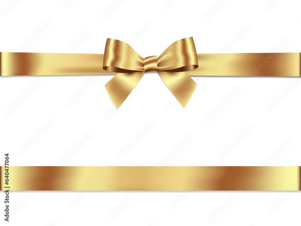 Poster gold bow and ribbon horizontal realistic shiny satin with shadow horizontal ribbon for decorate your