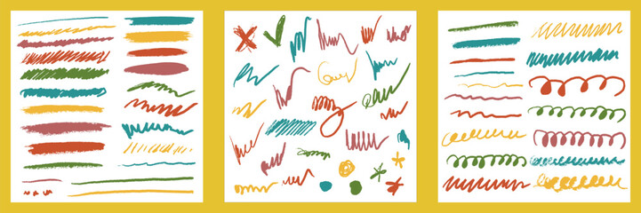 Scribbles big set. Hand drawn colorful pencil curly lines. Marker drawing squiggles, strokes vector collection of tree set. Paint brush sketches. Scrawl textured freehand isolated elements