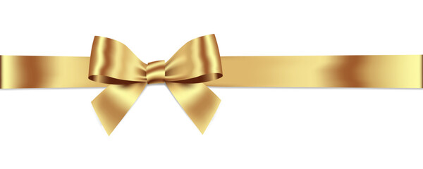 Gold Bow and Ribbon Horizontal Realistic shiny satin with shadow horizontal ribbon for decorate your wedding invitation card ,greeting card or gift boxes vector EPS10 isolated on white background.