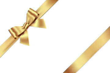 Gold Bow and Ribbon Realistic shiny satin with shadow place on left corner for decorate your wedding invitation card ,greeting card or gift boxes vector EPS10 isolated on white background. - obrazy, fototapety, plakaty