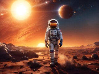An astronaut walking on a distant planet with the sun and stars shining