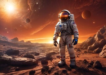 An astronaut walking on a distant planet with the sun and stars shining