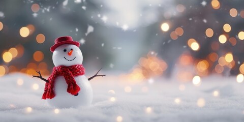 Naklejka na ściany i meble Happy winter snowman in a red hat. Merry Christmas and Happy New Year. Festive bright beautiful background.