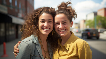 Fashionable and beautiful female twins posing near stylish restaurant outdoors. Two women wearing stylish looks, smiling at camera.