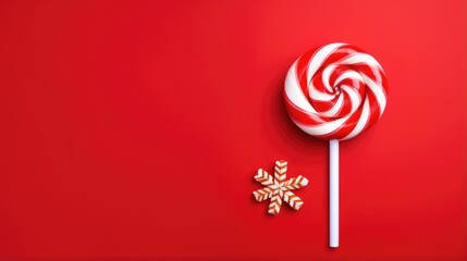 Fototapeta na wymiar Christmas sweet candy on a stick on a red background. Merry Christmas and Happy New Year. Festive beautiful background.