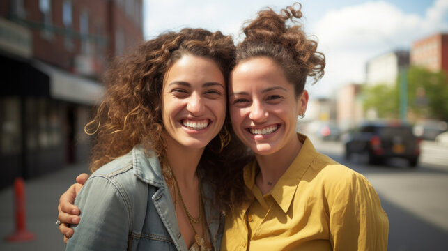 Fashionable and beautiful female twins posing near stylish restaurant outdoors. Two women wearing stylish looks, smiling at camera.