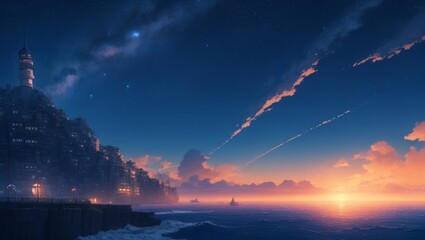 anime landscape, with starry sky, clouds, lake and mountain in the background
