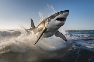 Naklejka premium A shark jumping out of the water creates a powerful image of carnivore hunting its prey. This marine shot in sepia tone is perfect for wildlife and conservation themes. AI Generative.