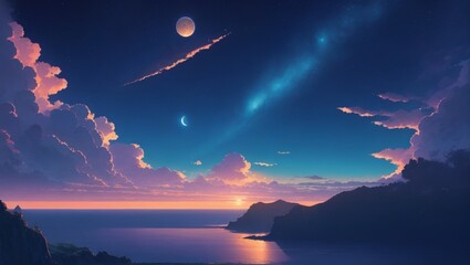 anime landscape, with starry sky, clouds, lake and mountain in the background