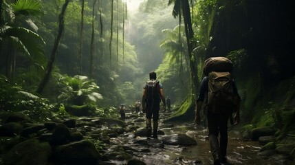 Obraz premium Trekking through dense jungles, surrounded by exotic wildlife 