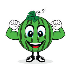 Smiling Face Watermelon Mascot with Muscle Arms