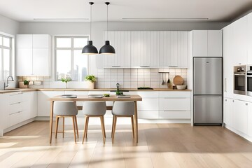Fototapeta na wymiar Minimal light scandinavian kitchen interior. White furniture with utensils, shelves with crockery and plants in pots, small refrigerator near window, panorama, empty space. 3d rendering.