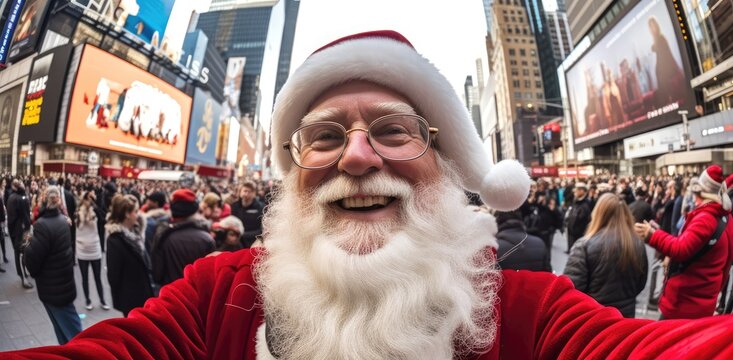 wide angle selfie picture taken with a pocket camera of santa claus looking at the camera in times square