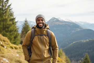 Fototapeta na wymiar Happy black male hiking in nature. 
