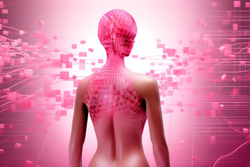 the classic pink ribbon in a digital context. Woman portrait Incorporates circuit-like patterns, pixelation effects, and other technological elements to symbolize the role of technology in raising awa - obrazy, fototapety, plakaty