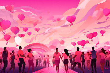 Fototapeta na wymiar a diverse group of people coming together to support breast cancer awareness. colors that symbolize strength, hope, and unity, and incorporate the iconic pink ribbon in a creative way. vector art.