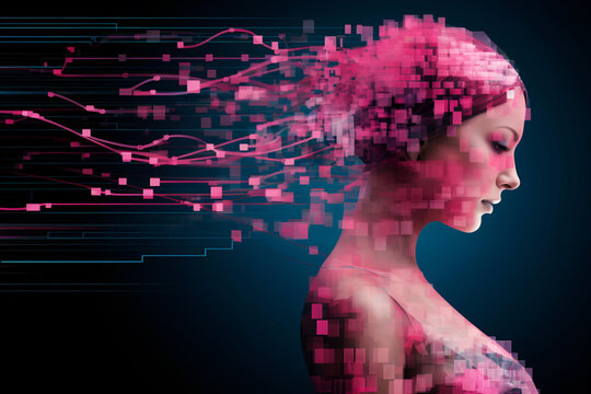 the classic pink ribbon in a digital context. Woman portrait Incorporates circuit-like patterns, pixelation effects, and other technological elements to symbolize the role of technology in raising awa