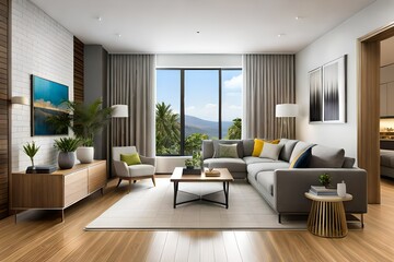 Beautiful living room interior with comfortable gray sofa. Modern living room