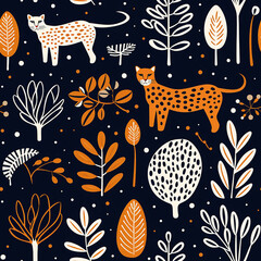 Seamless tile African themed pattern of a cheetah in amongst a background of leaves.