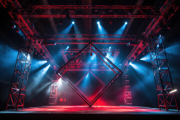 Online event entertainment concept. Background for concert. Blue and red stage spotlights. Empty stage with blue spotlights.