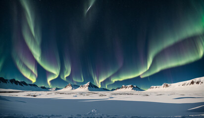 Wonderful picture of the earth, Iceland aurora, glacier, snow, sky, beautiful live-action ai photograph. Generative AI.