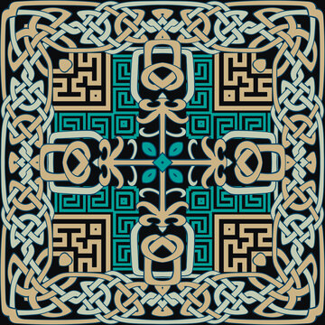 Celtic greek arabesque style seamless pattern with square ornamental frame. Colorful celtic knots vector background. Repeat backdrop. Tribal ethnic celtic traditional ornaments. Greek key meanders