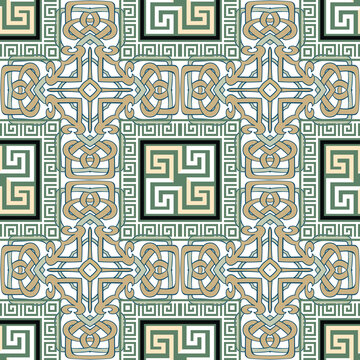 Celtic greek arabesque style seamless pattern. Colorful ornamental celtic knots vector background. Repeat backdrop. Tribal ethnic celtic traditional ornaments with greek key meanders, square frames