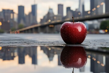 big red apple and the city skyline behind a bridge