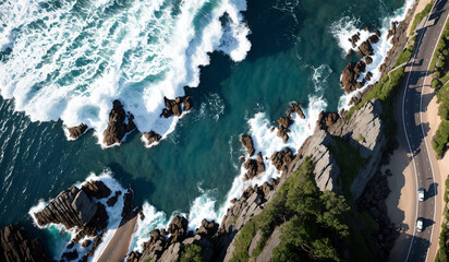 Coastal roads, waves, seas, drone views, live-action ai landscapes. Generative AI.