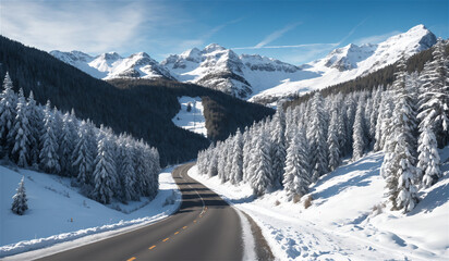 Fototapeta na wymiar Snow covered car road, snow mountain, white tree, live-action ai photo. Generative AI.