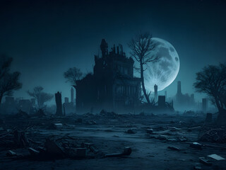 full moon behind a destroyed building