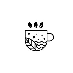 coffee cup illustration logo with leaves and water inside in line art design style
