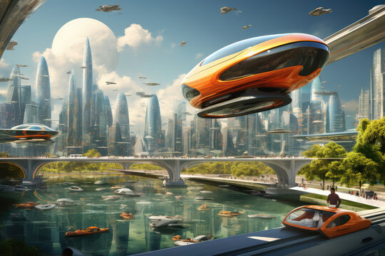 future flying cars in future city, generative AI