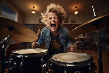 Fototapeta na wymiar Young boy passionately playing the drums, expressing his musical talent and creativity during drum lessons. 'generative AI'