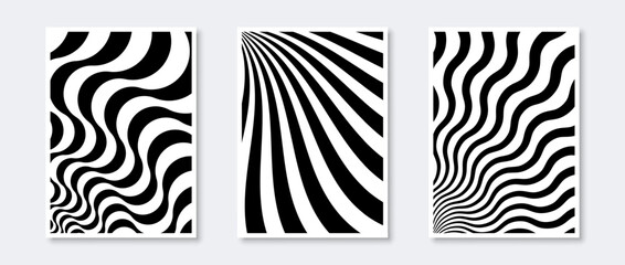 Abstract sunburst posters collection. Wavy sun beams elements set. Black and white monochrome wave templates for cover, banner, invitation, flyer. Optical art wallpaper pack. Vector