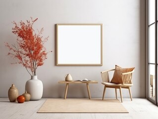 Mock up frame on the wall with room decoration and furniture. Generative AI