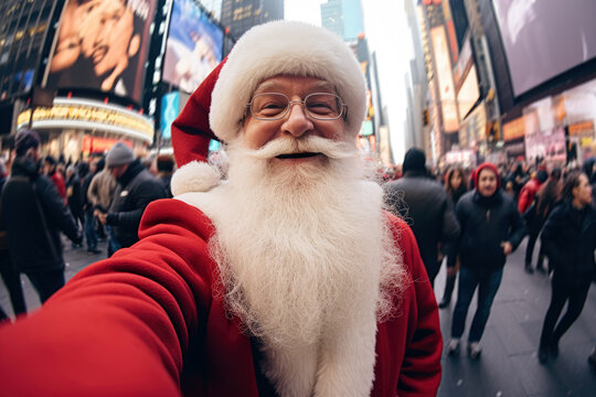 wide angle selfie picture taken with a pocket camera of santa claus looking at the camera in times square