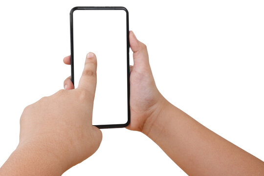 Front View Of  Kid Holding Smart Phone . Cell Phone In Kid Hand On A White Background With White Display For COPY SPACE. Pointing Pose.